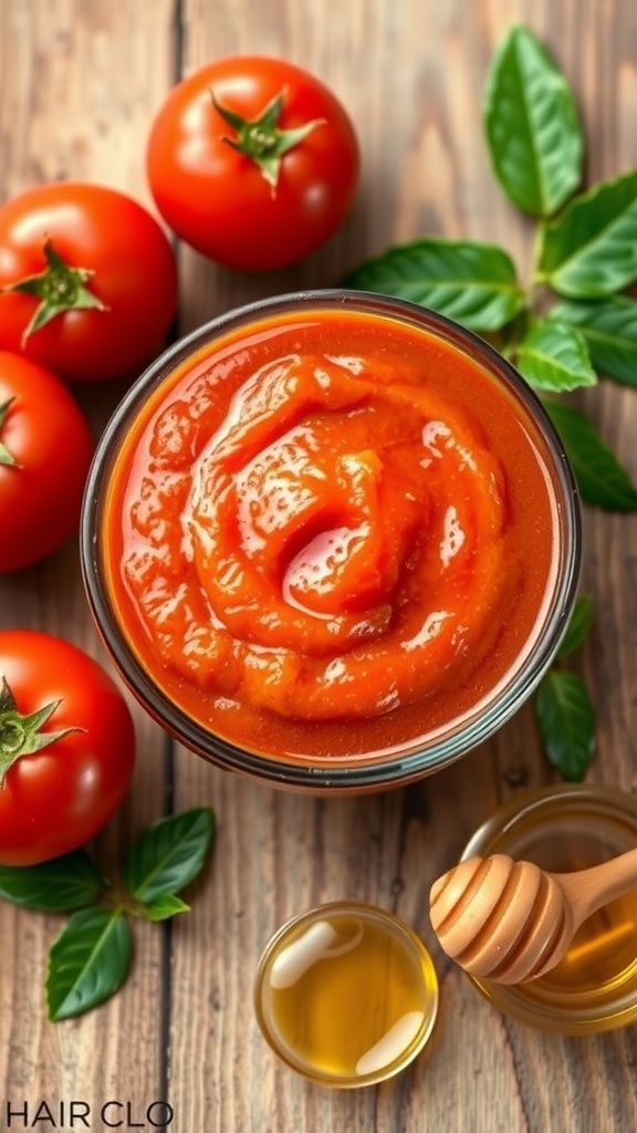 A bowl of tomato hair mask with tomatoes, olive oil, and honey on a wooden table.